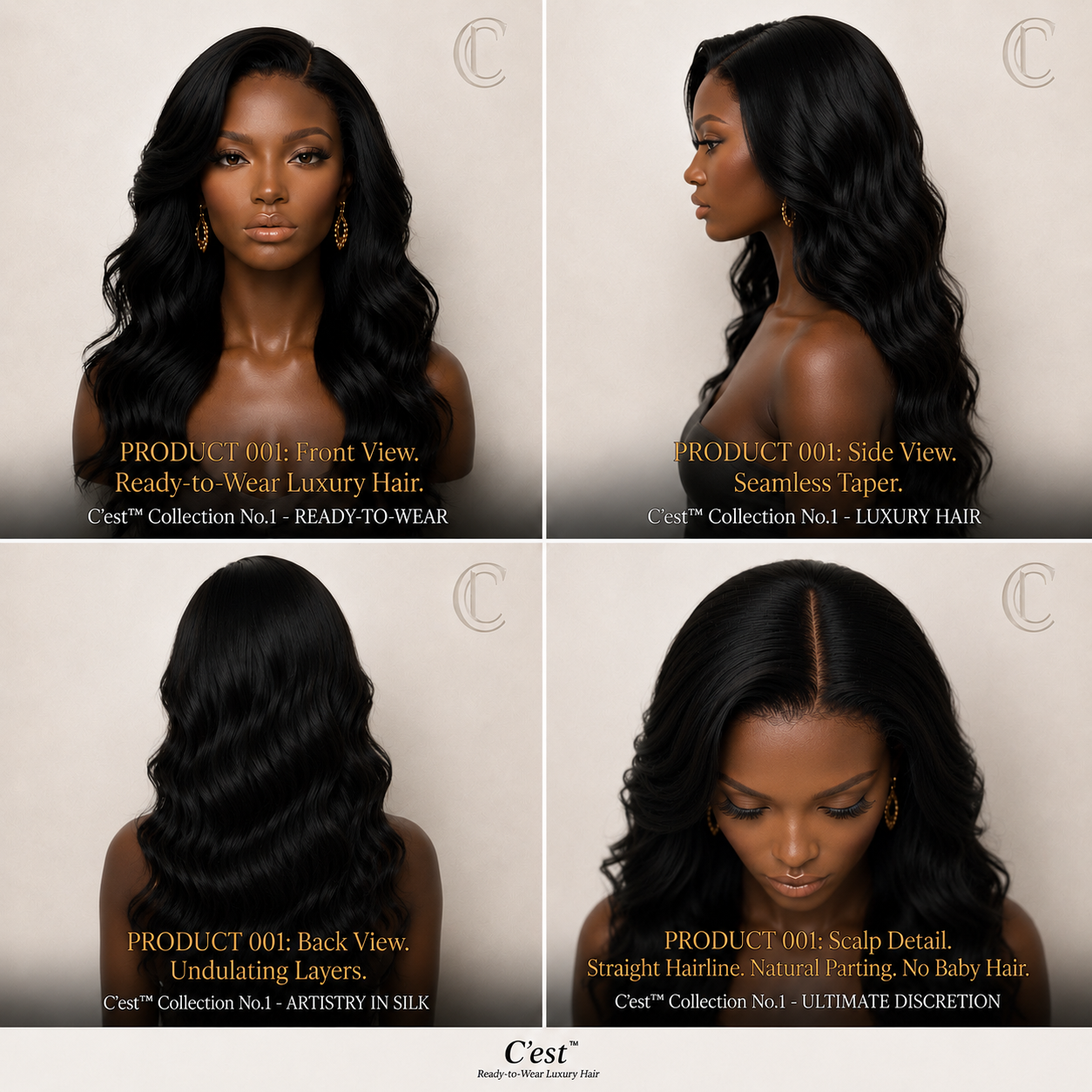 No. 04 — The Romance — front, side, back and scalp detail views