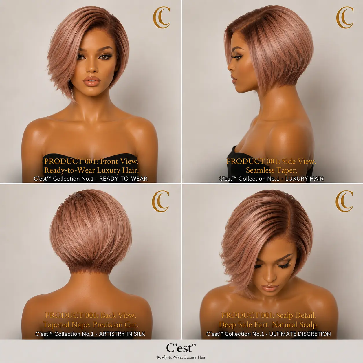 No. 12 — The Rosé — front, side, back and scalp detail views