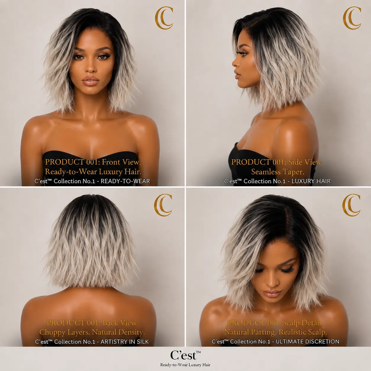 No. 10 — The Platinum — front, side, back and scalp detail views